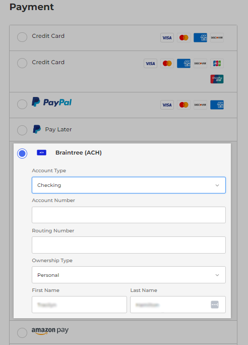 ACH Direct Debit in the payments step of checkout
