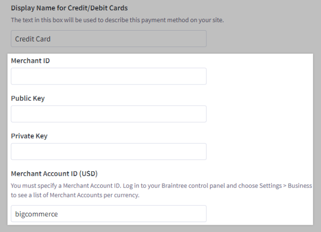 The fields in Braintree Settings where you can enter your API credentials