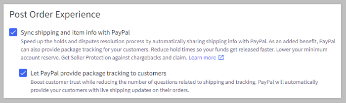 The checkbox settings to enable order syncing and package tracking with PayPal