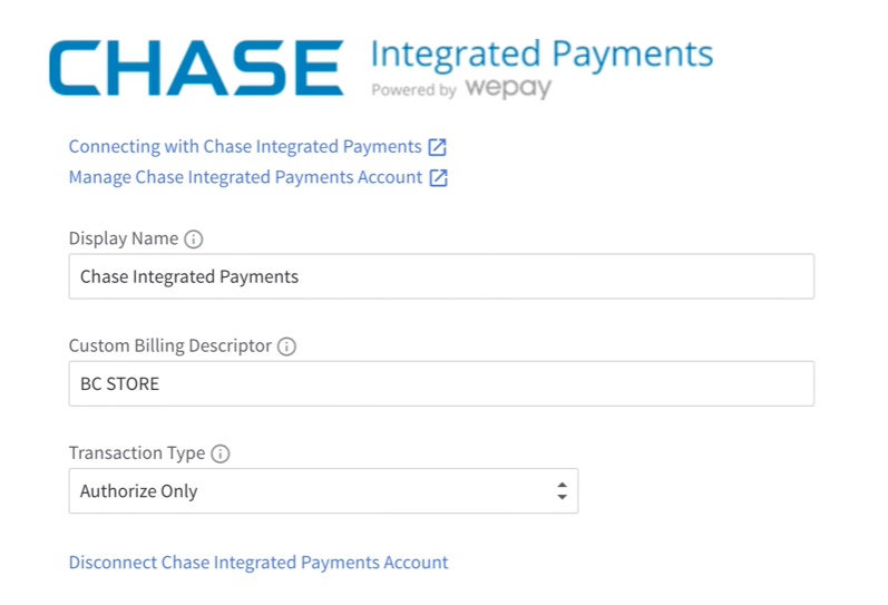 Chase Integrated Payments settings page