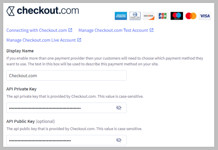 The Checkout.com settings tab in the control panel