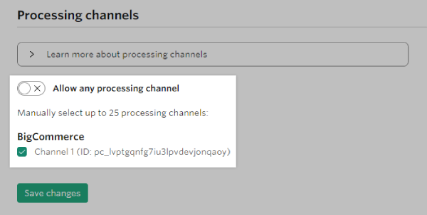 The Processing channel settings for a Checkout.com API key