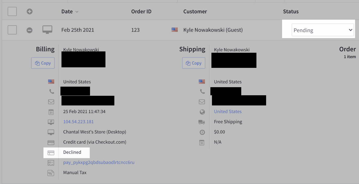 Highlighted Pending order status and Declined payment status on an Incomplete order.