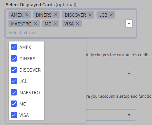 Click X or uncheck the box next to a credit card brand to hide it at checkout.