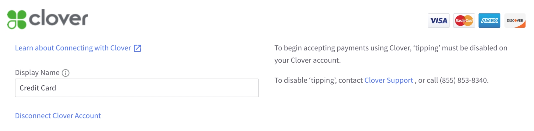 Clover Payment settings with Display Name field