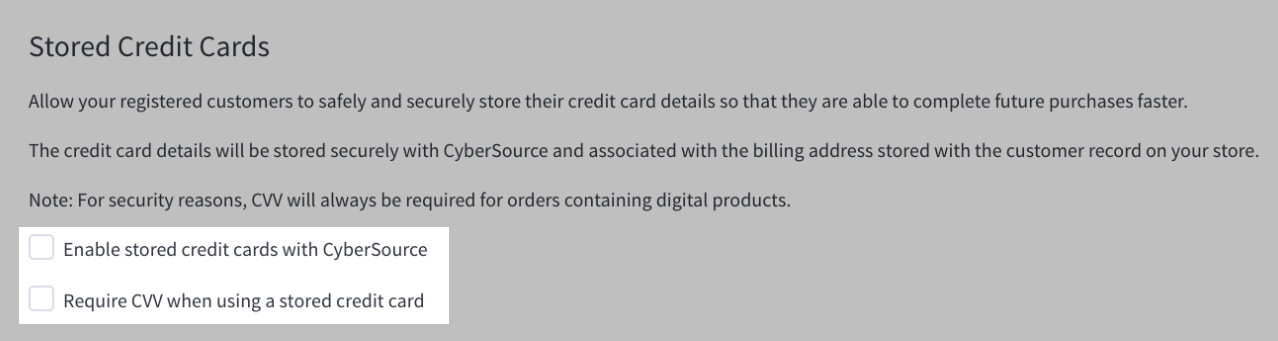 Click to enable stored credit cards and to require CVV on stored cards.