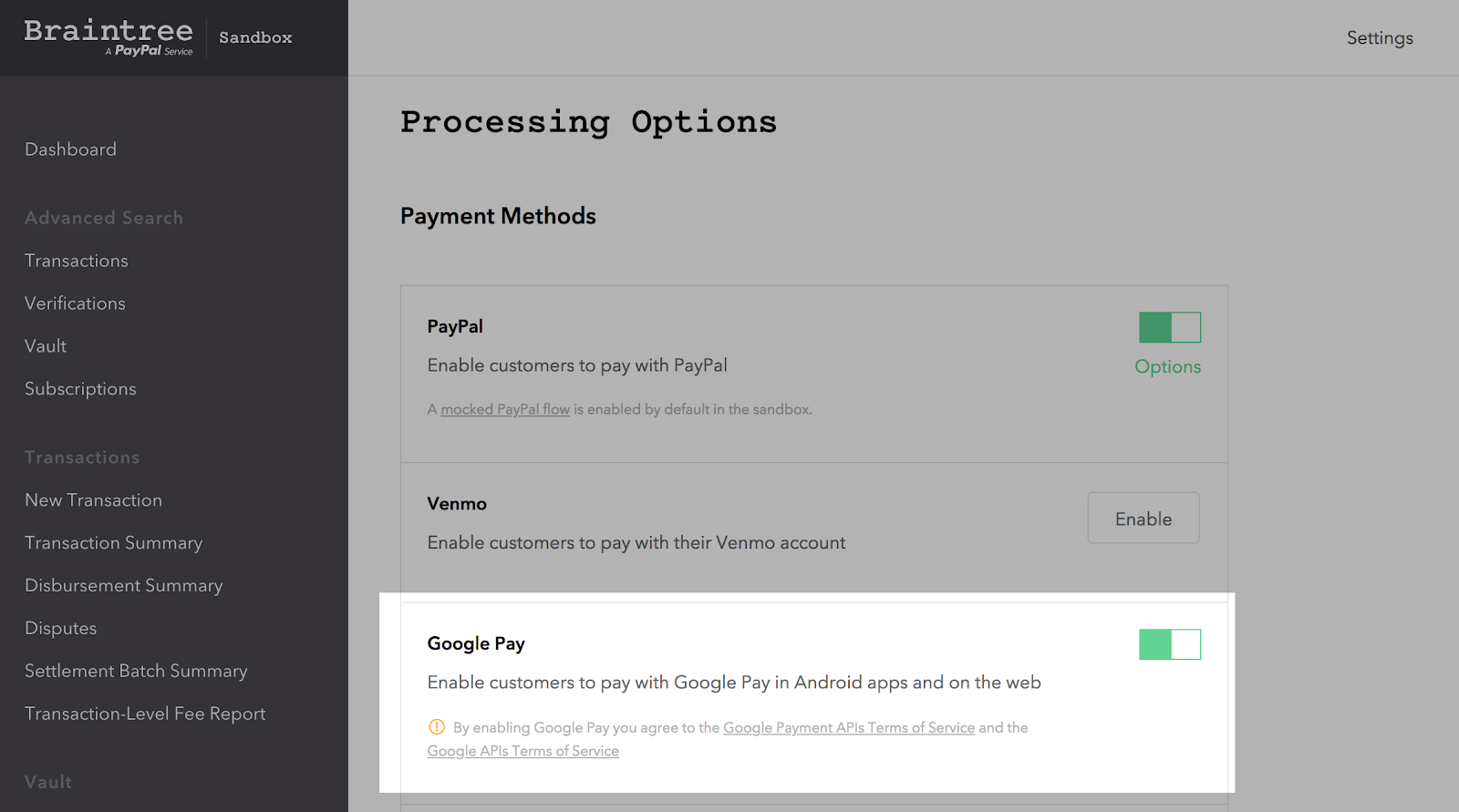 Google Pay toggle highlighted in Braintree admin