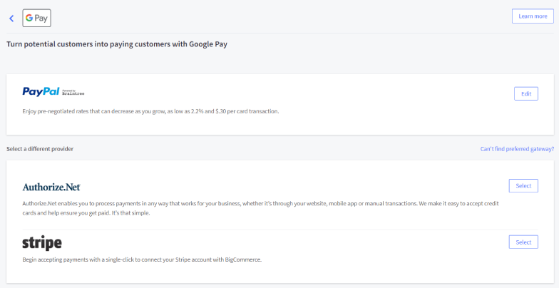 Google Pay setup screen showing compatible payment gateways (PayPal powered by Braintree Authorize.net, and Stripe)