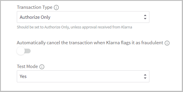 Klarna transaction type and test mode settings