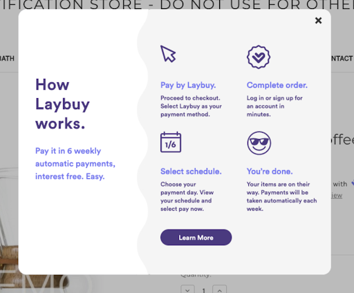 Laybuy shopper info in a popup on the storefront