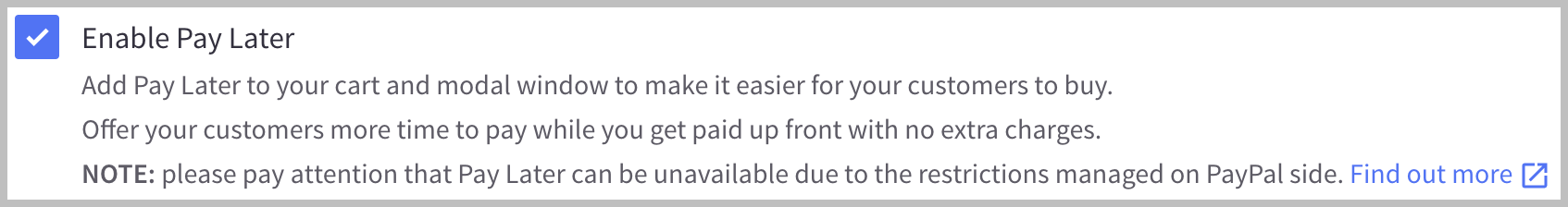 Enable PayPal Pay Later checkbox