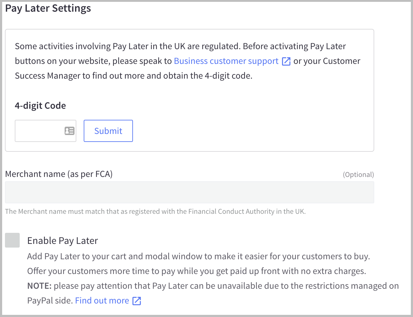 Additional settings for UK merchants setting up Pay Later.