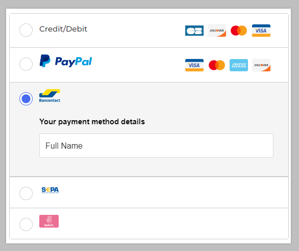 Alternatie payment methods listed at checkout.