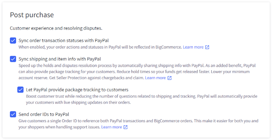 Post purchase settings, which includes sending order IDs, product information, and shipment information to PayPal.