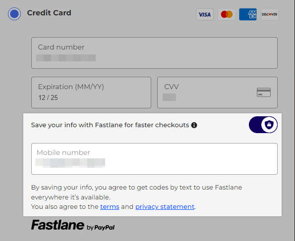 The toggle on the checkout page allowing shoppers to create a Fastlane profile for one-click checkouts.