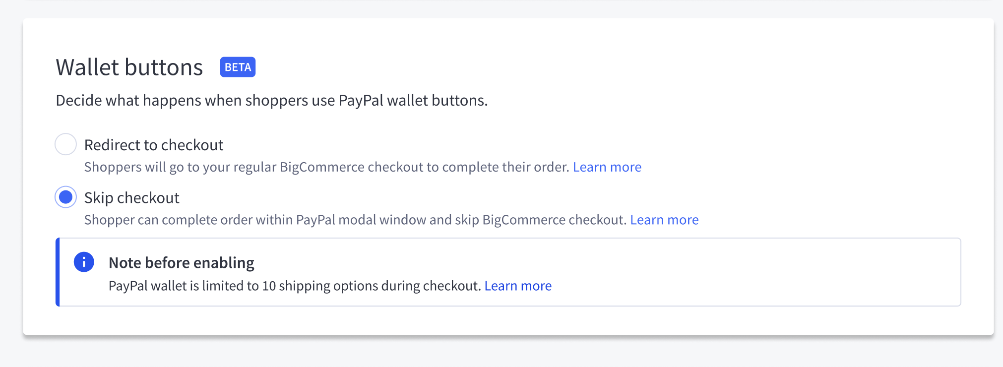 Wallet button experience with two options for order completion flow