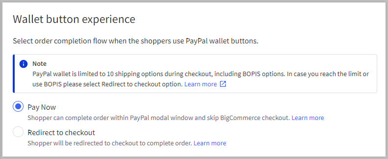 Wallet button experience with two options for order completion flow