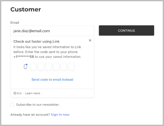 Example of Link code prompt on checkout