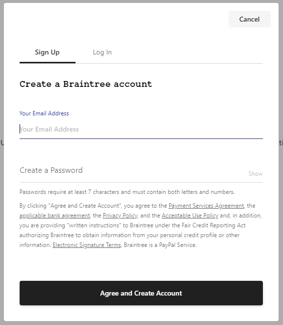 PayPal powered by Braintree sign up screen