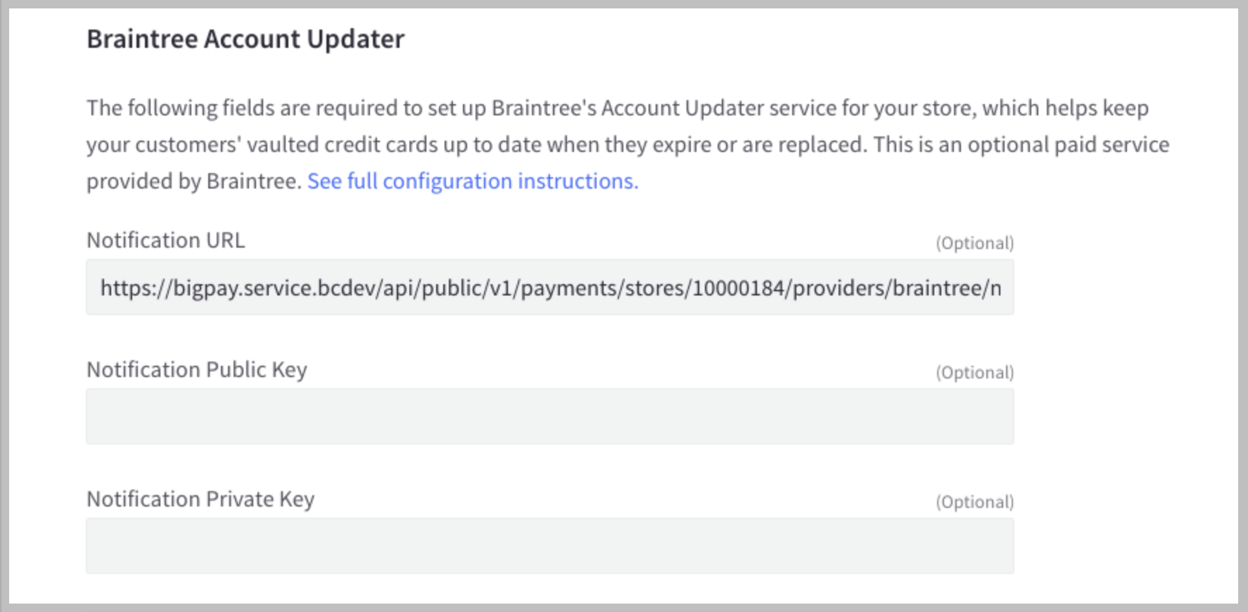 Account Updater settings in Braintree settings