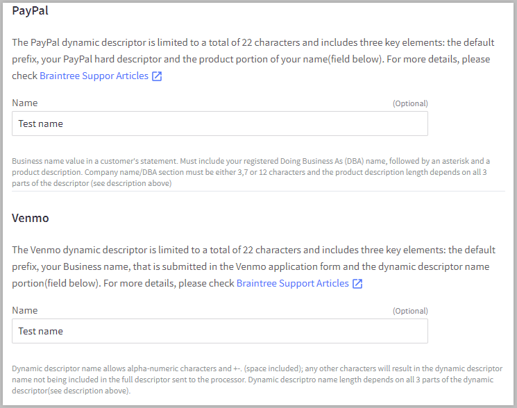 PayPal and Venmo descriptor fields