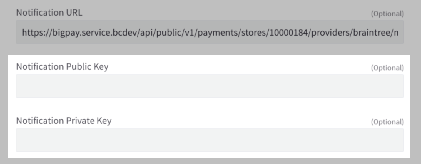 Account Updater settings in Braintree settings, with the Notification Public and Private API fields highlighted.