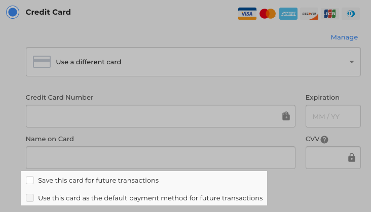 Stored credit card payments, where you can save and select a default card.