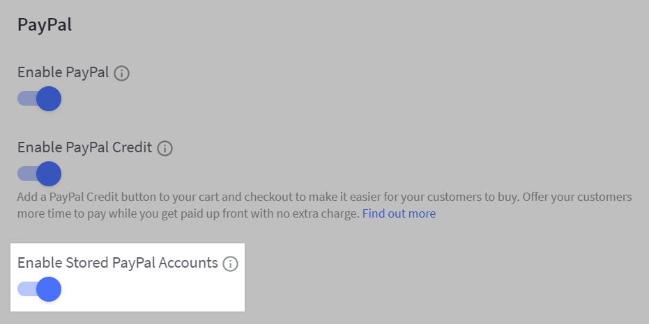 Enabled Stored PayPal accounts enabled and highlighted in Braintree payment gateway settings