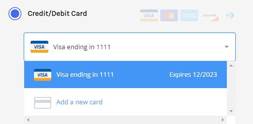 Drop-down menu on the storefront checkout screen showing a returning shopper's previously saved cards