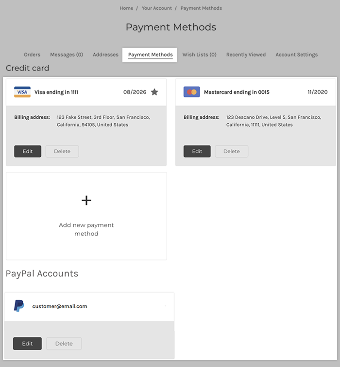 The Payment Methods management screen for customers see when logged into their account on the storefront