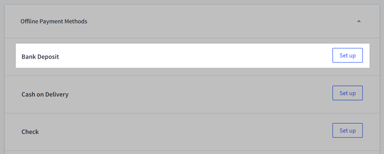 Bank Deposit and the Set Up button next to it highlighted under Offline Payment Methods in the control panel