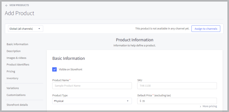 The top of the Add Product screen in the control panel showing the left side quick navigation and fields for Product Name, SKU, Product Type (Physical), and Default Price