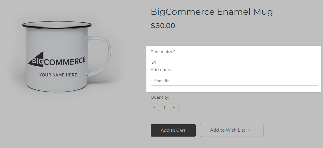 Screenshot of a product on the storefront with customization options for adding a personalized name