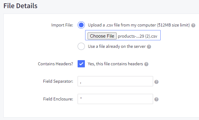 Import Product SKUs screen in the control panel