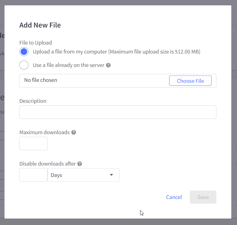 The toggles to upload a file from your device or from WebDAV