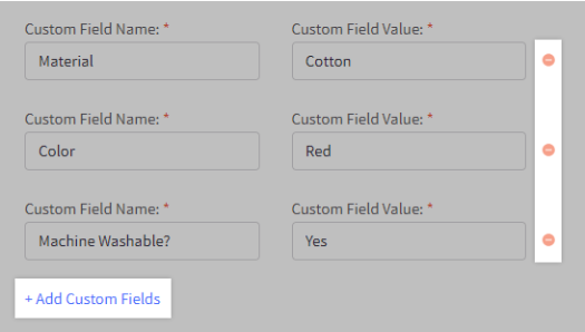 The custom fields area of the Add/Edit Product page, with the settings to add or remove custom fields highlighted.