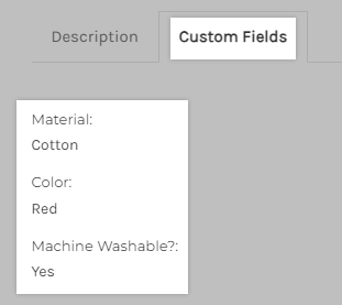 An example of a storefront using a theme that incorporates custom fields as a seprarate tab on the product detail page.