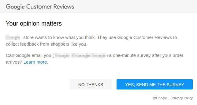 Google Customer Reviews survey modal