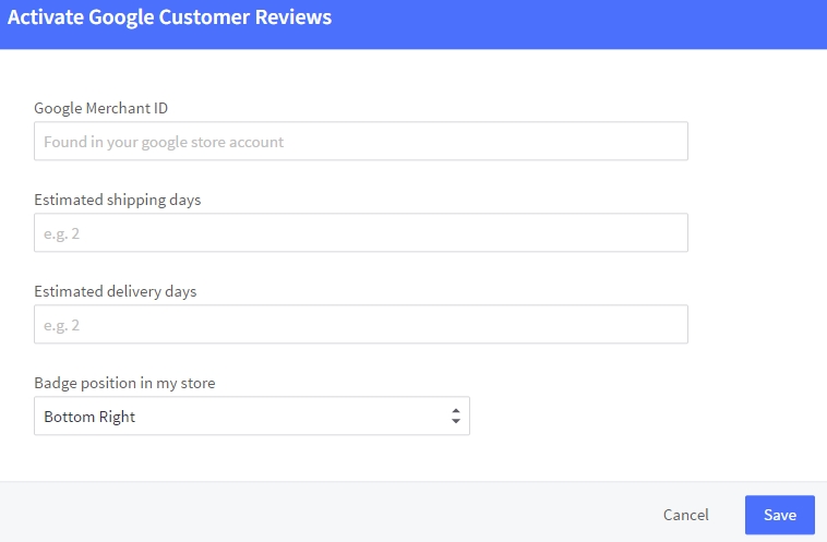 Google Customer Reviews settings modal