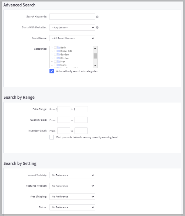 Product Advanced Search fields