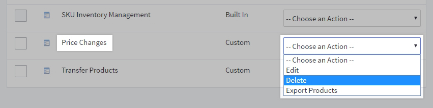 The action menu for a custom template, with the Delete action selected