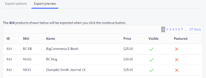 The Export preview tab, displaying several products that will be present in the CSV file