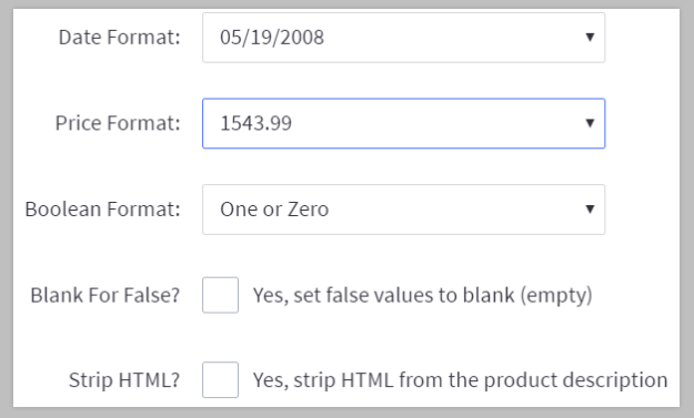 Field formatting options to specify how product data is presented in the CSV file