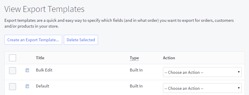 The export templates list in the control panel