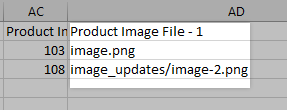 The Product Image File column of the CSV file with two image file names from WebDAV