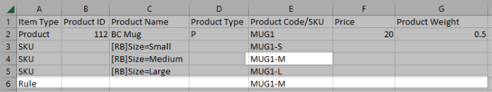 A new Rule row added underneath SKU rows in the CSV file