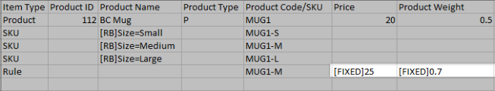 A variant in the CSV with rules to adjust its price and weight