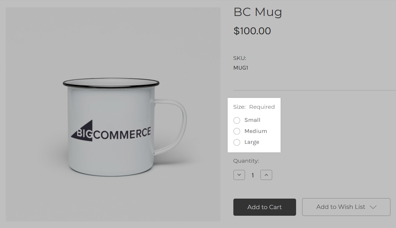 An example of how variant options created in your CSV might look on the storefront