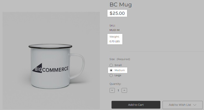 The example product variant selected on the storefront, displaying its updated price and weight.