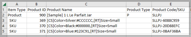 A CSV file containing an existing product with three variants
